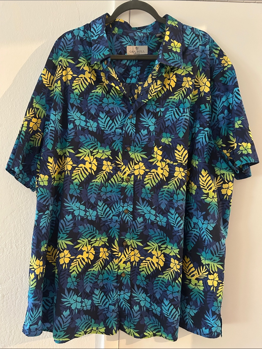 Men's Tropical Print Button-Up Shirt Blue & Yellow Leaves 100% Cotton 3xl